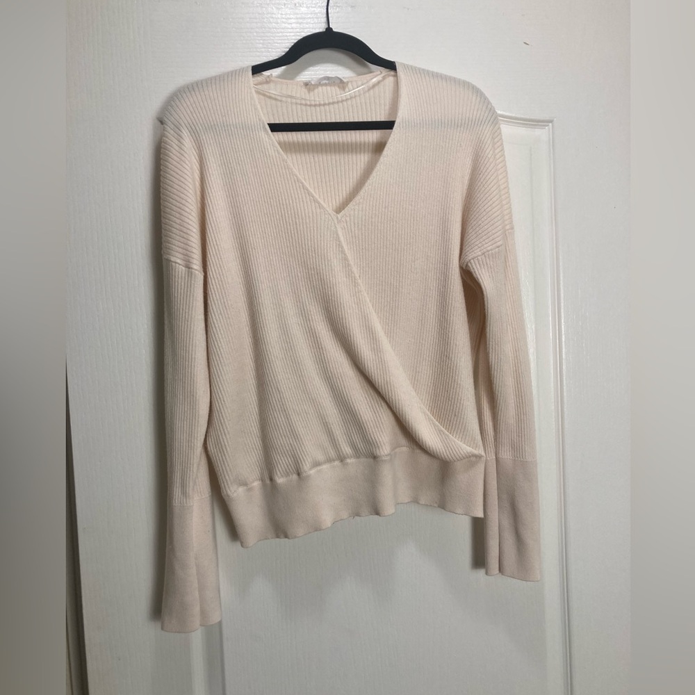 Elodie Ribbed Knit Wrap Sweater,size XL , Cream